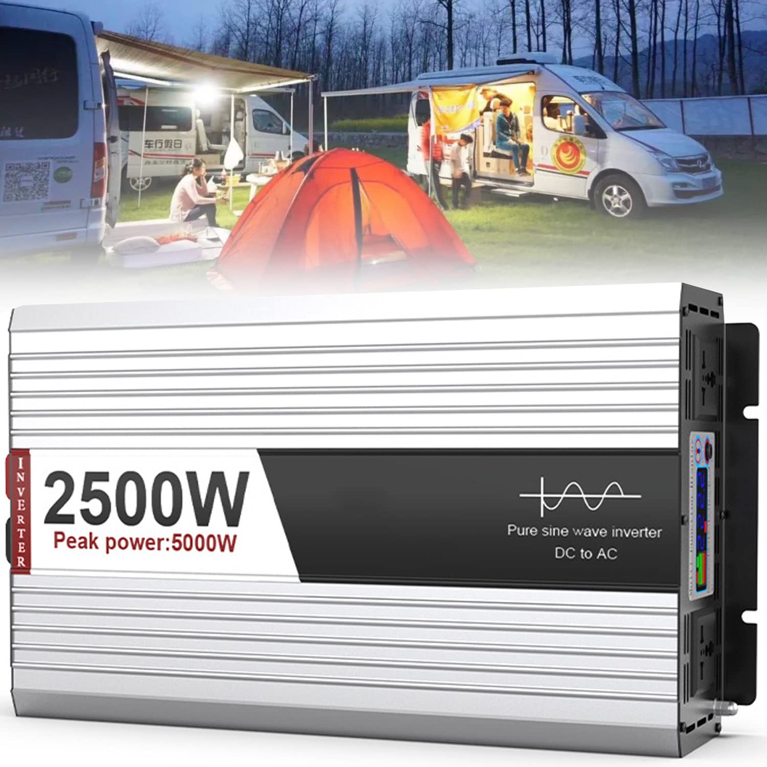 Czysta fala sinusoidalna przetwornica napięcia falownik 2500W 3000W 4000W 5000W 12V 24V 48V do AC 230V przetwornica samochodowa przetwornica mocy z ekranem LCD, gniazdo uniwersalne,2500W-12V