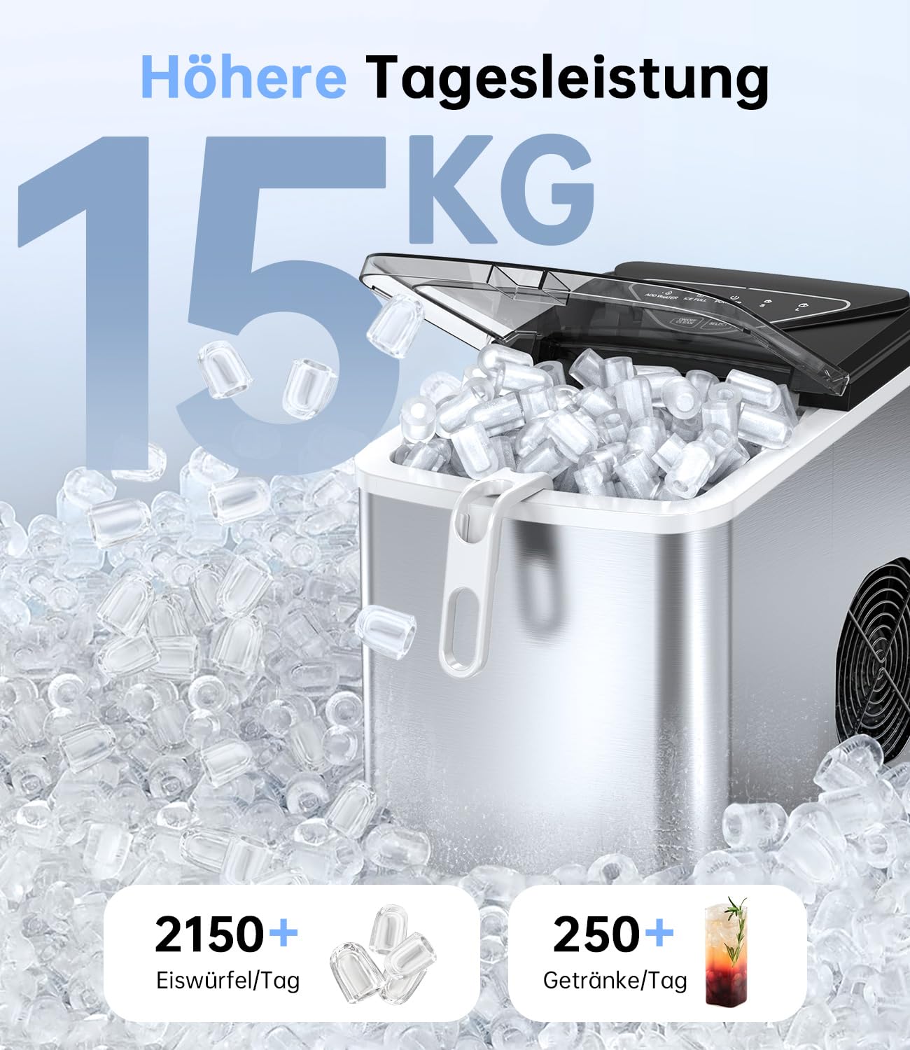 WIE Eiswürfelmaschine, 15KG Eiswürfelbereiter Ice Maker, 9 Würfel in 6 Min, Eiswürfelmaschinen mit Tragbarem Griff, Silber, Eiswürfelbereiter für Zuhause/Küche/Büro/Wohnmobil