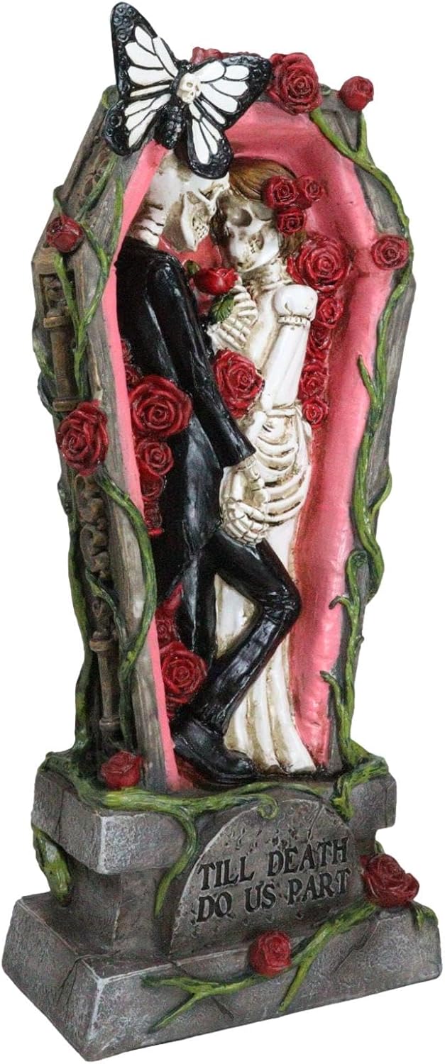 Ebros Gift Love Never Dies Vintage Wedding Bride and Groom Skeleton Couple in Victorian Fashion Cameo Till Death Do Us Part Coffin Graveyard Figurine Day of The Dead Skulls Macabre Halloween Decor
