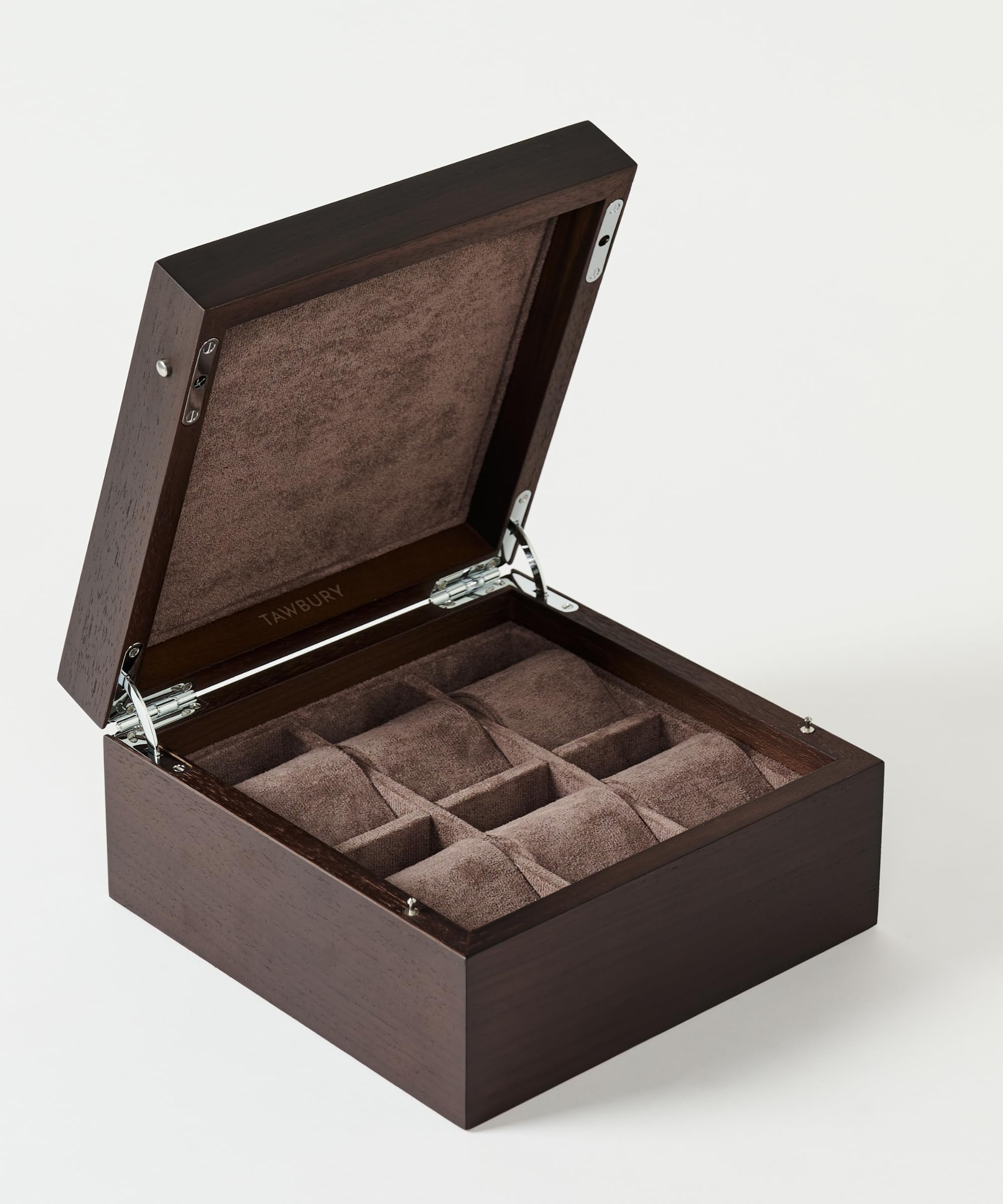 TAWBURY Scatola per orologi in legno a 6 scomparti, unisex, realizzata in pregiato legno di Kassod, design compatto, interno completamente foderato, cerniere in metallo con chiusura ammortizzata,