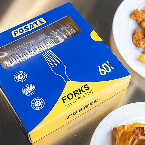 Miniatura 8 de POSATE Tenedores de plástico resistentes, transparentes desechables, paquete de 60