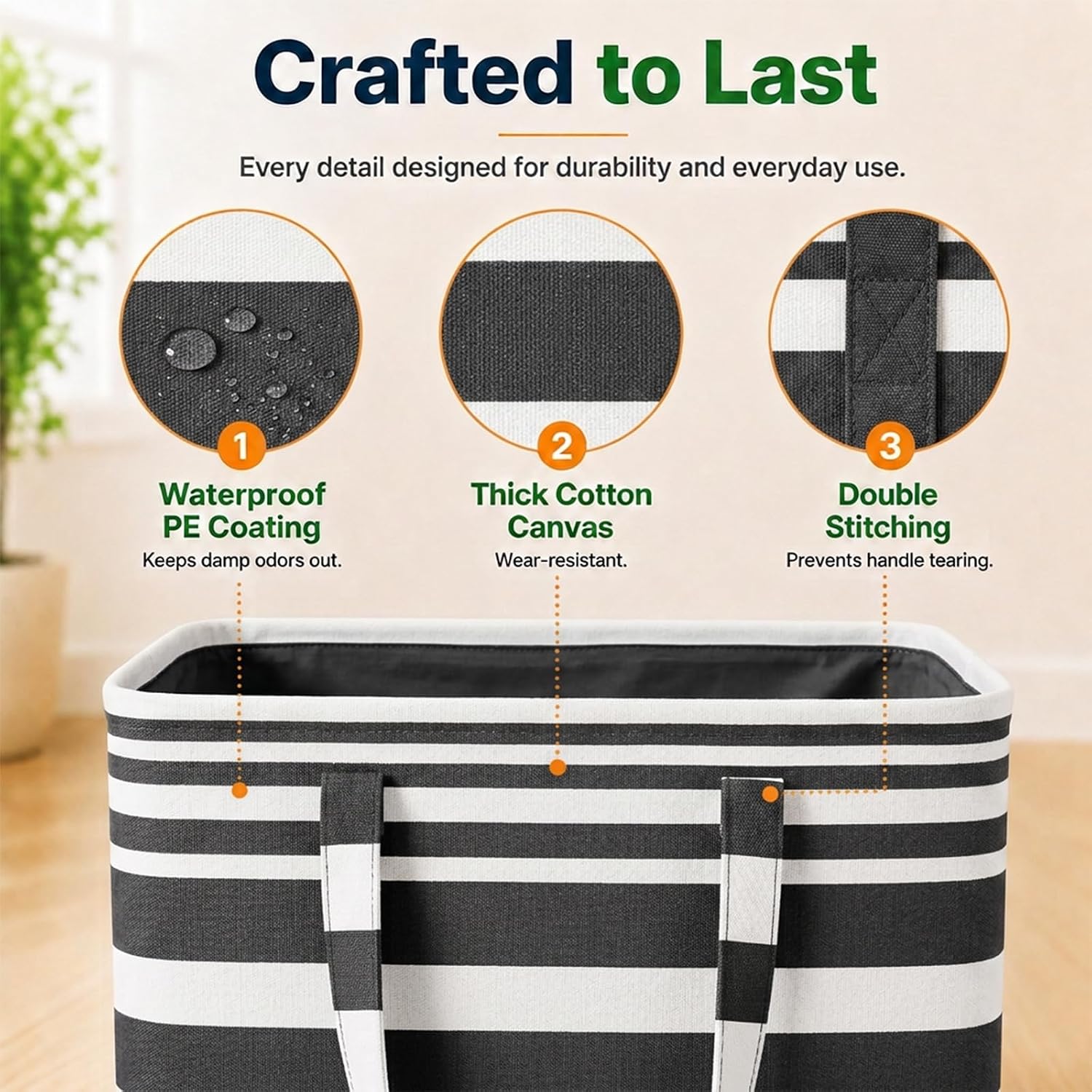 75L Large Laundry Basket Collapsible Waterproof Clothes Hamper, Tall Laundry Basket Organizer with Handles for Bathroom Bedroom Living Room Storage(Black Stripe) image 4