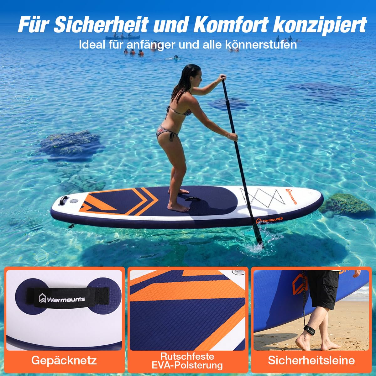 Warmounts 350cm Aufblasbares SUP Board, 86cm Breit Stand Up Paddle für Anfänger & Erwachsene, Allround Paddleboard mit Verstellbarem Paddel, Kamerahalterung, Pumpe und Rucksack, 190 kg