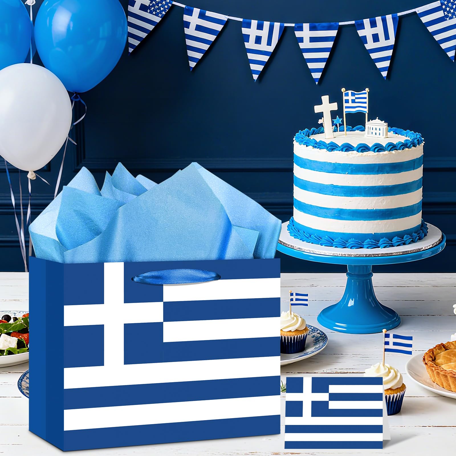 Neptniopllab Greek Flag Gift Bag with Card & Wrapping Papers,Blue White Greece Theme Party Decorations Gift Bag for National Day of Greece,Birthday,Greek Family Gathering Dining,Goodie Treat Bag