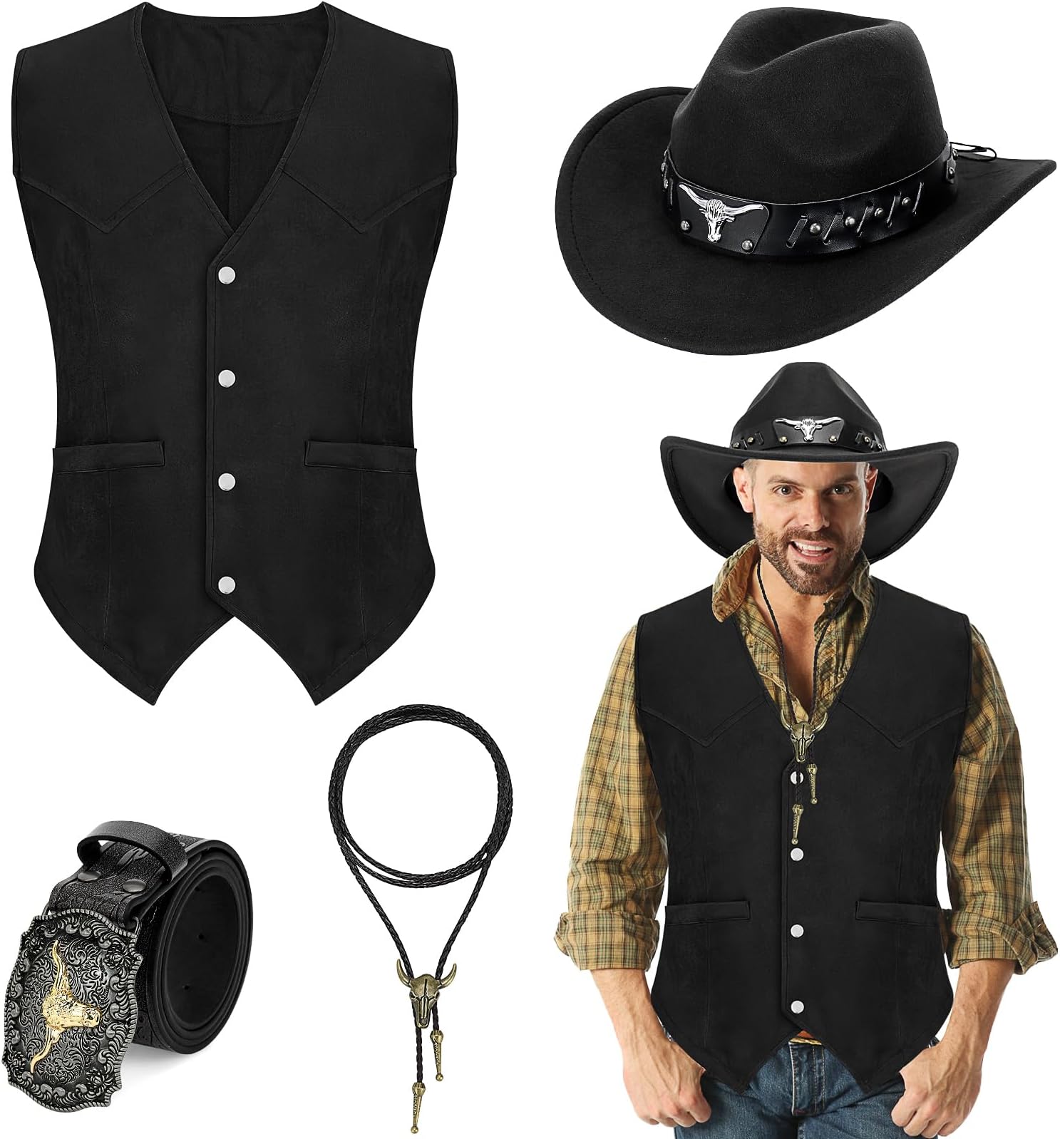 4 Pcs Western Cowboy Fancy Dress Accessories Set Wild West Cowboy Outfit Kit for Men Suede Leather Vest Hat Necktie Buckle Belt for Halloween Costume Party
