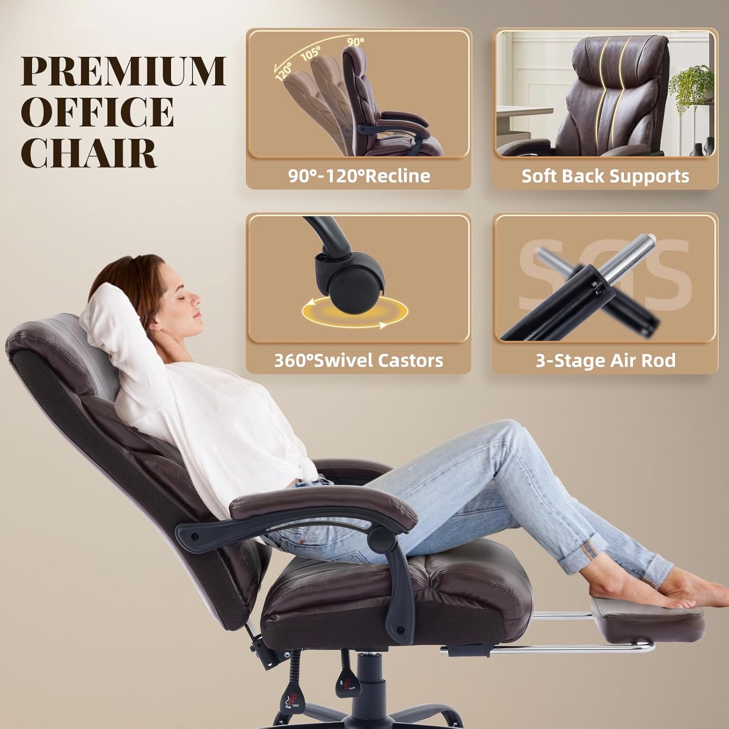 Big and Tall Office Chairs with Foot Rest,500LBS Wide Ergonomic Gaming Chair,90-155°Recline Executive Leather Computer Chairs with Adjustable Height,Coffee Color