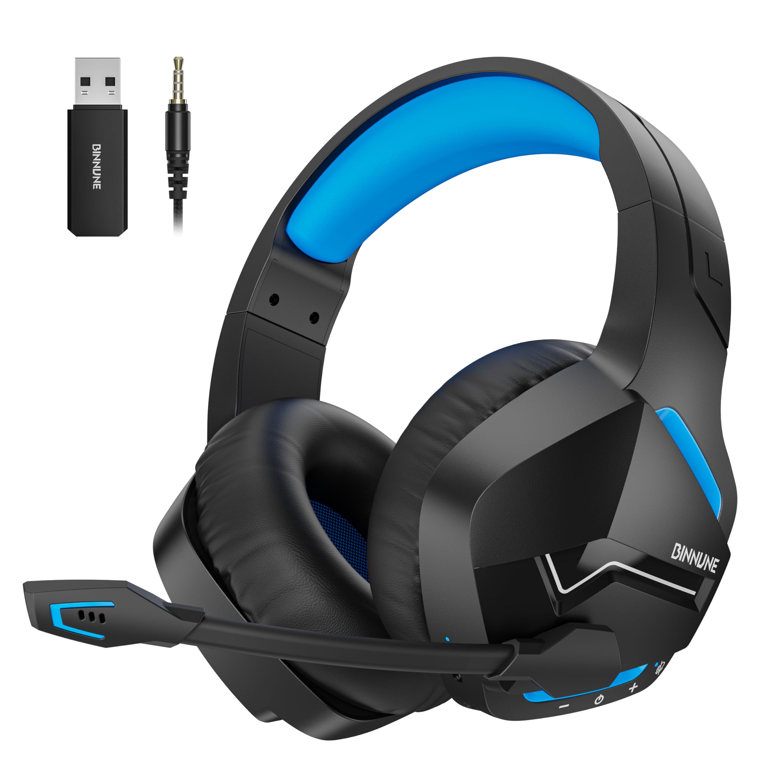BINNUNE Wireless Gaming Headset with 2.4GHz for PS5, PS4, PC, Switch, FPS Gamers, 120Hrs+ Bluetooth 5.3 Gaming Headsets with Noise Canceling Mic, 50MM Headphones for Laptop, Mobile, Mac (Blue)