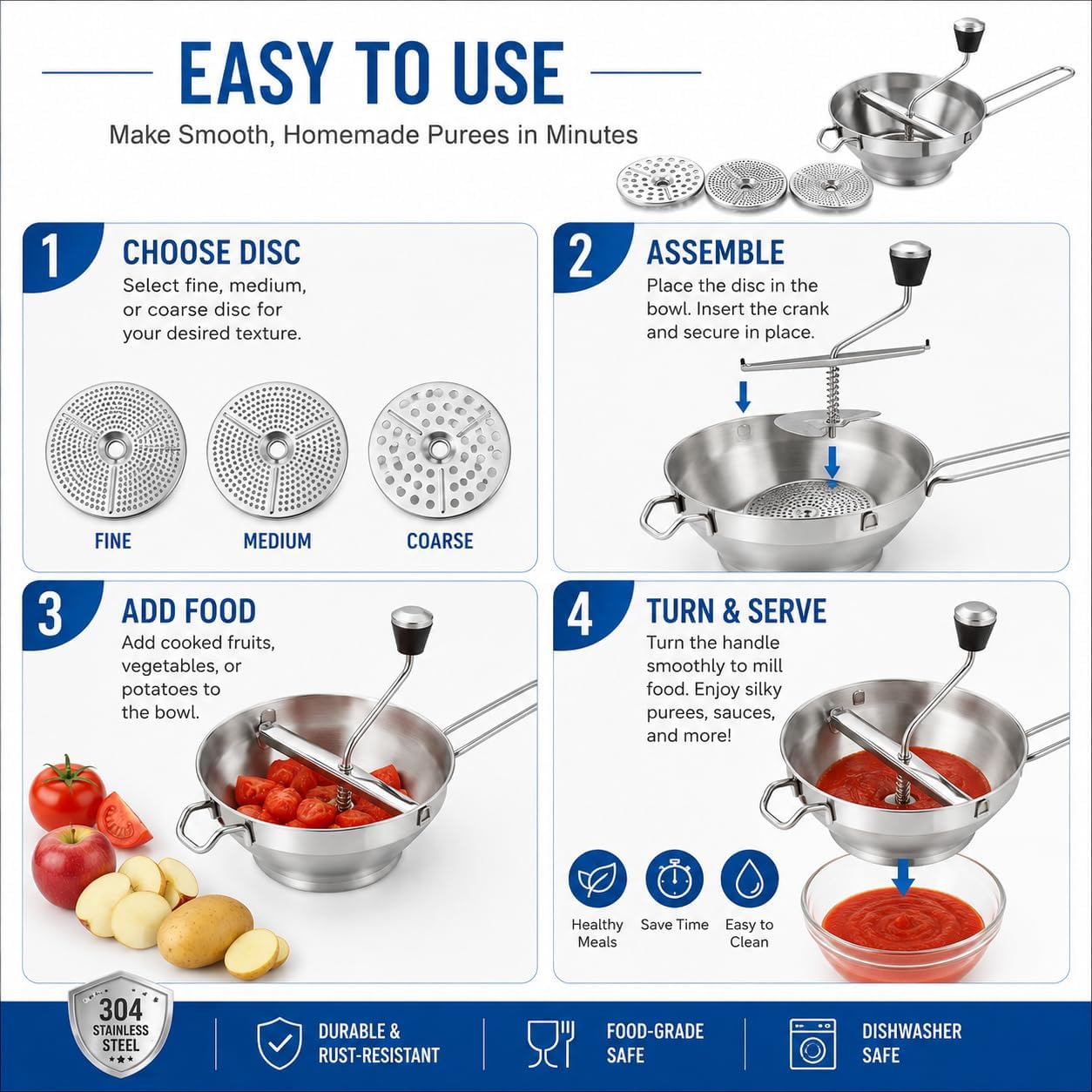 Stainless Steel Food Mill with 3 Interchangeable Discs, Manual Food Strainer for Tomato Sauce, Applesauce, Mashed Potatoes, Baby Food and Vegetable Purees, Dishwasher Safe