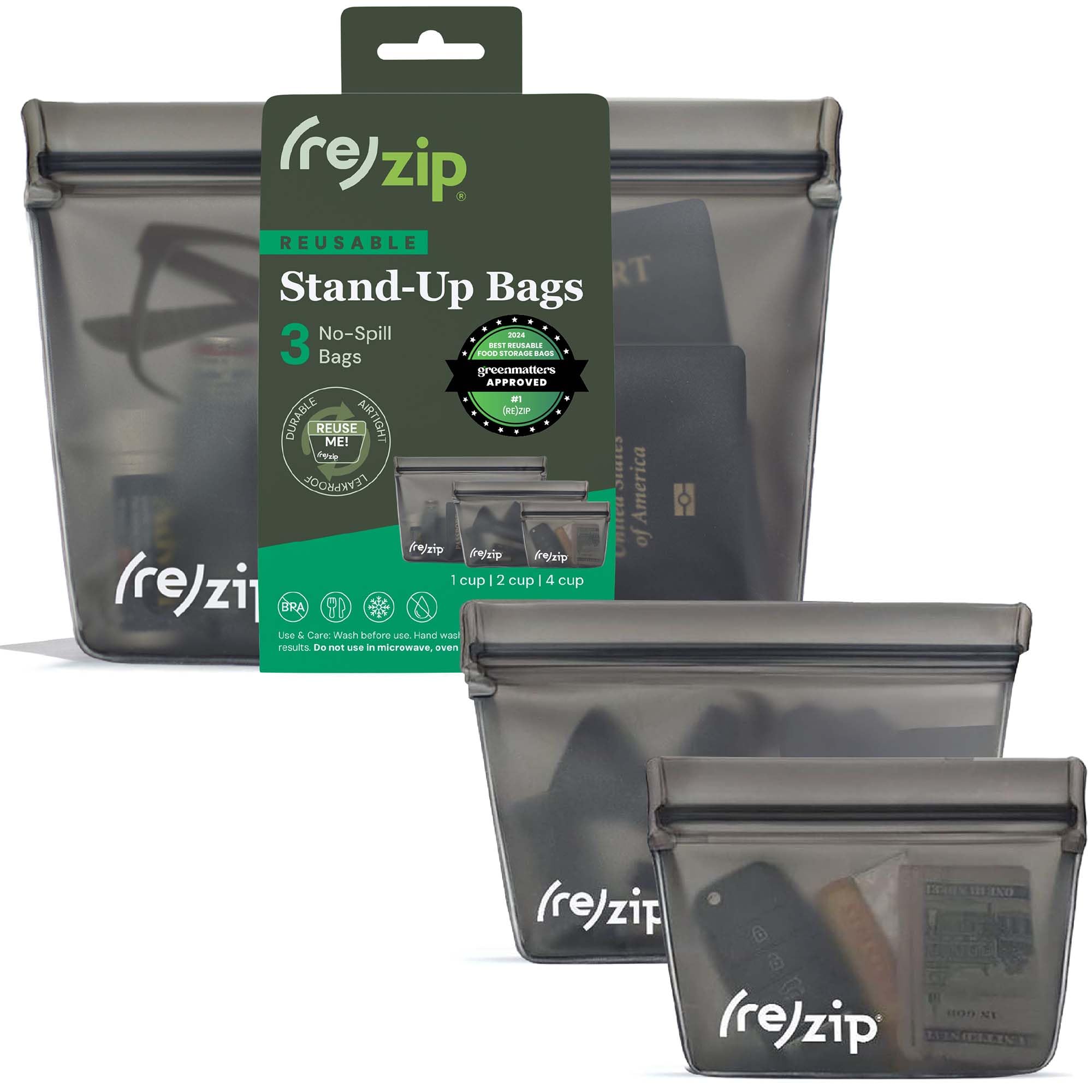 (re) zip 3-Piece Stand-Up Reusable Bag Kit | BPA-Free, Food Grade, Leakproof, Travel Friendly, Freezer and Dishwasher Safe | Quart (1), 2-Cup (1),