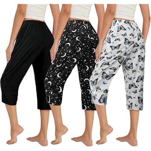 VENTELAN 3 Pack Womens Ultra-Soft Capri Pajama Pants Adjustable Waistband Sleepwear Bottoms (Available in Plus Size) S-XXXL
