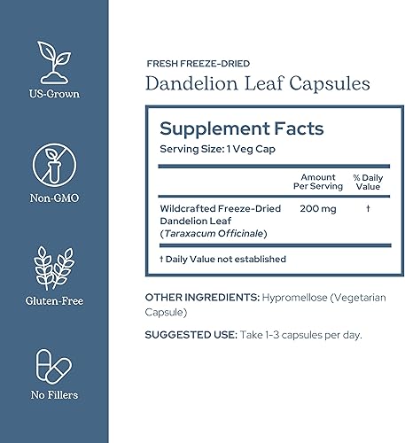 Miniatura 2 de Eclectic Institute Hoja de diente de león liofilizada cruda  Suplemento orgánico para apoyar la limpieza y la función digestiva  90 CT (200 mg)