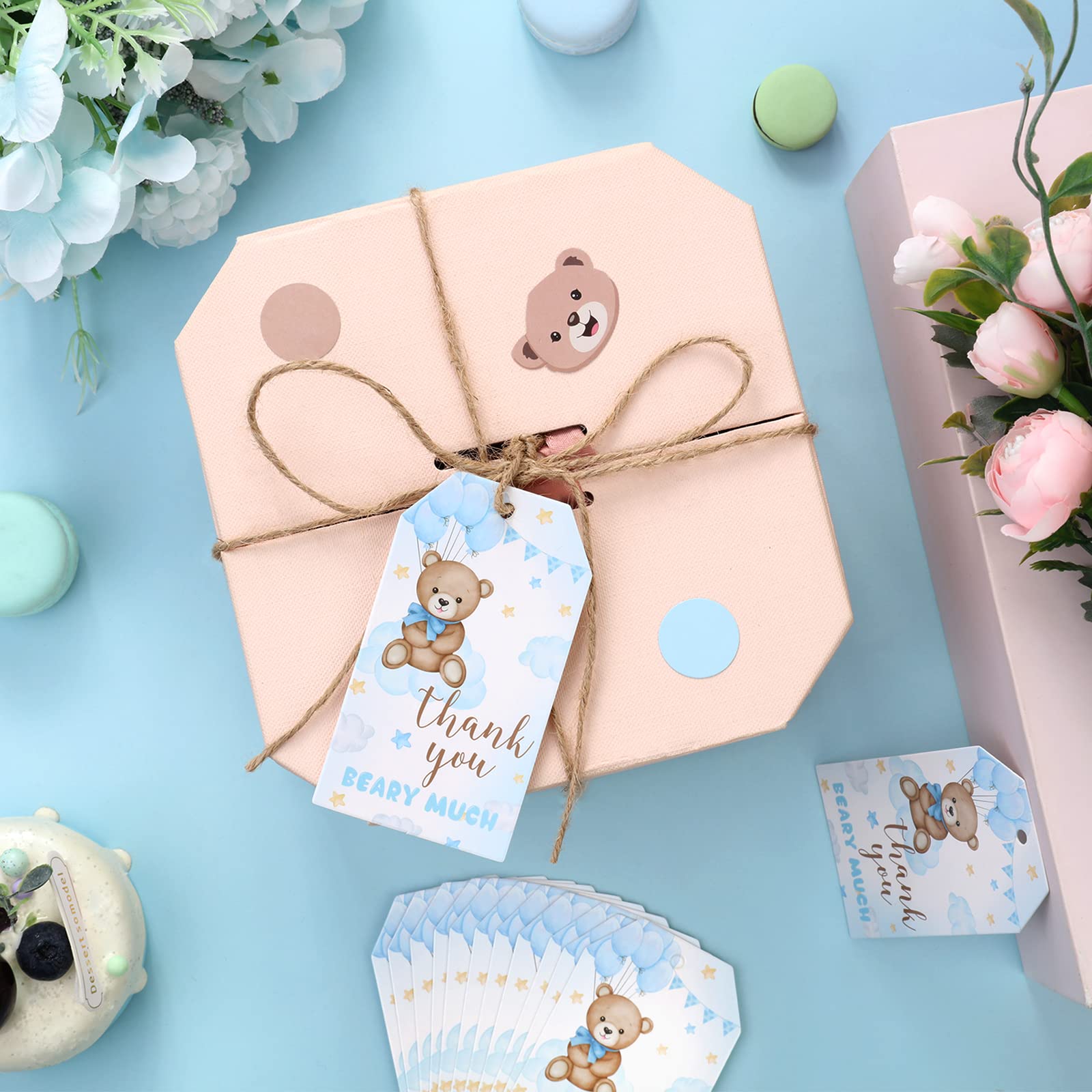 Niedźwiedź dziękuję, 50 szt. niebieskich zawieszek na prezent ze sznurkiem na baby shower, podziękowanie za wiele prezentów na ślub, urodziny, baby shower, przyjęcie weselne, upominki