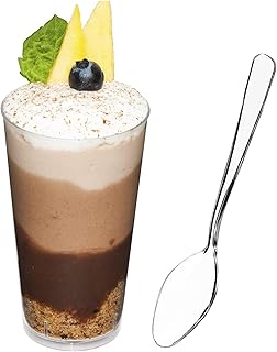 DLux 100 x 3 oz Mini Dessert Cups with Spoons, Shooter - Clear Plastic Parfait Appetizer Cup - Small Reusable Shooter Glass for Tasting Party Shooters Desserts Appetizers - With Recipe Ebook