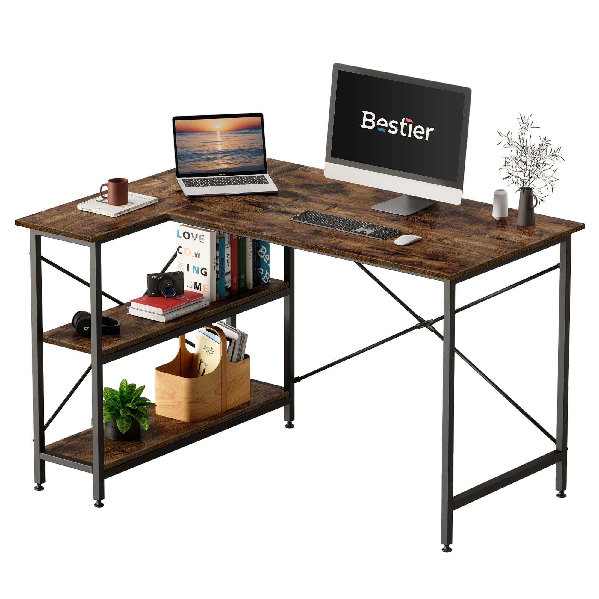 Bestier Small L Shaped Desk with Storage Shelves 47 Inch Corner Computer Desk Writing Study Table for Home Office Small Space, Rustic Brown