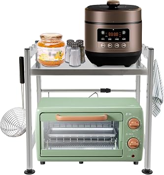 Microwave Oven Rack, 2 Tier Expandable Microwave Oven Stand with 4 Hooks, Stainless Steel Countertop Adjustable Microwave Oven Rack Shelf for Kitchen Organizers and Storage, 110lbs Capacity