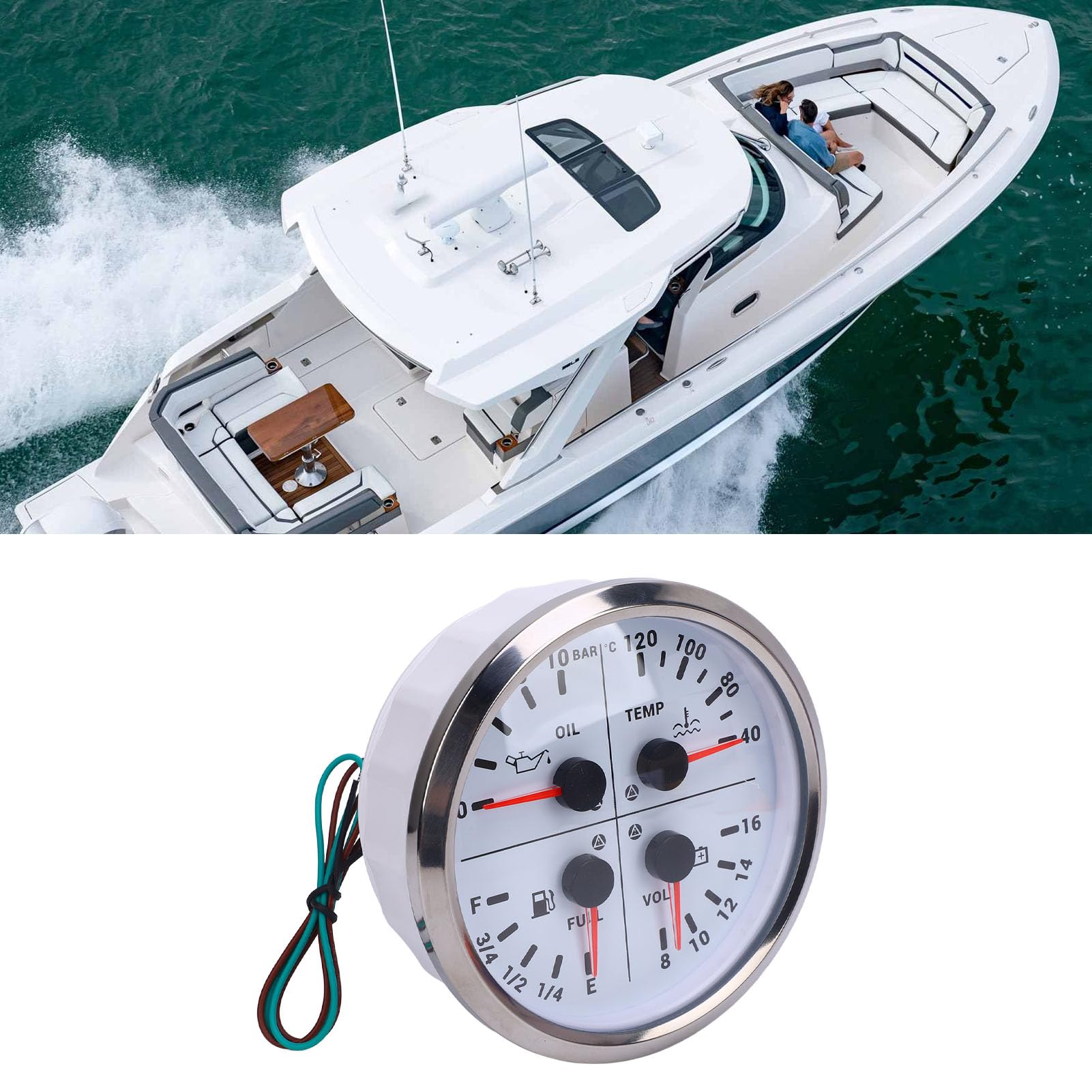 Drfeify Wielofunkcyjny Wskaźnik 4 w 1 Cyfrowy Poziom Paliwa Ciśnienie Temperatura Wody Woltomierz Metal 4 3 8 Cali 104 do 248F 0 do 10 Barów 8 16 V dla RV Yacht Truck Van (Srebrna ramka z białą