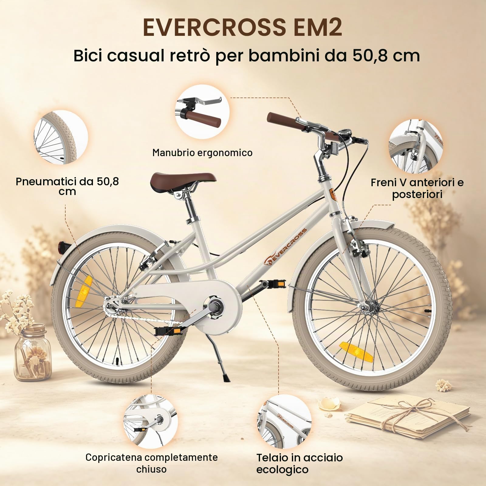 EVERCROSS EM2 20'' Bicicletta Retrò Bianco per bambini (altezza 115–150 cm) | Bici bambini con Campanello, Telaio in acciaio, Sella e Manubrio Regolabili, Freni V-brake, Paracatena, Pneumatico
