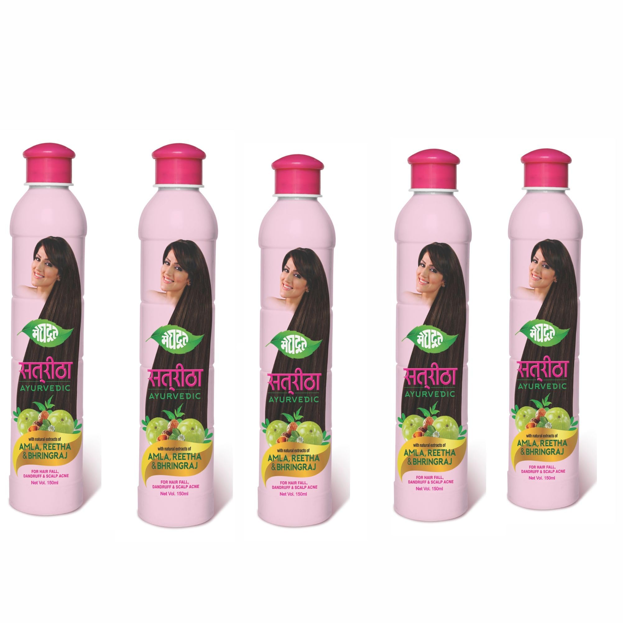 Meghdoot Ayurvedic Satreetha Shampoo Enriched With Natural Extracts of Amla, Reetha & Bhringraj For Hair Fall Control & Scalp Acne, Healthy & Strong Hair, Men & Women, 150ml Each (Pack of 5)