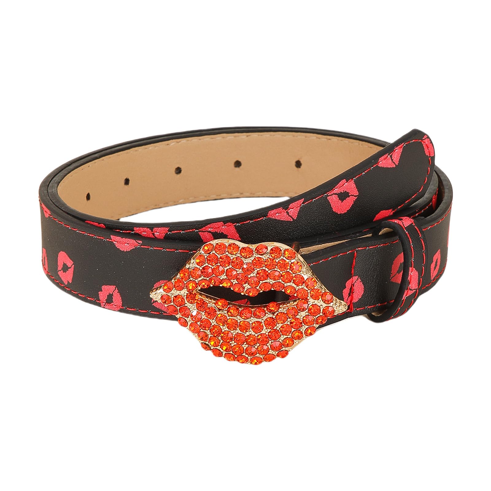 Ubxvamm Unisex Red Lips On Black Ba Blingbling Waist Belt Lip Shape Buckle For Street Dance Jean Belt Livehouse Punk Waist Chain Rhinestones, As The Picture Shows