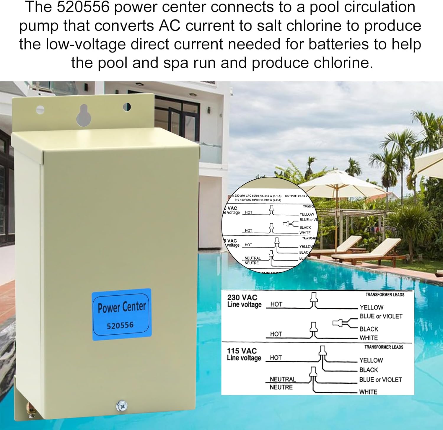 520556 Power Center for Salt Chlorine Generator Systems Compatible with Intellichlor System Pool and Spa Automatic Control System IC20, IC40, IC60