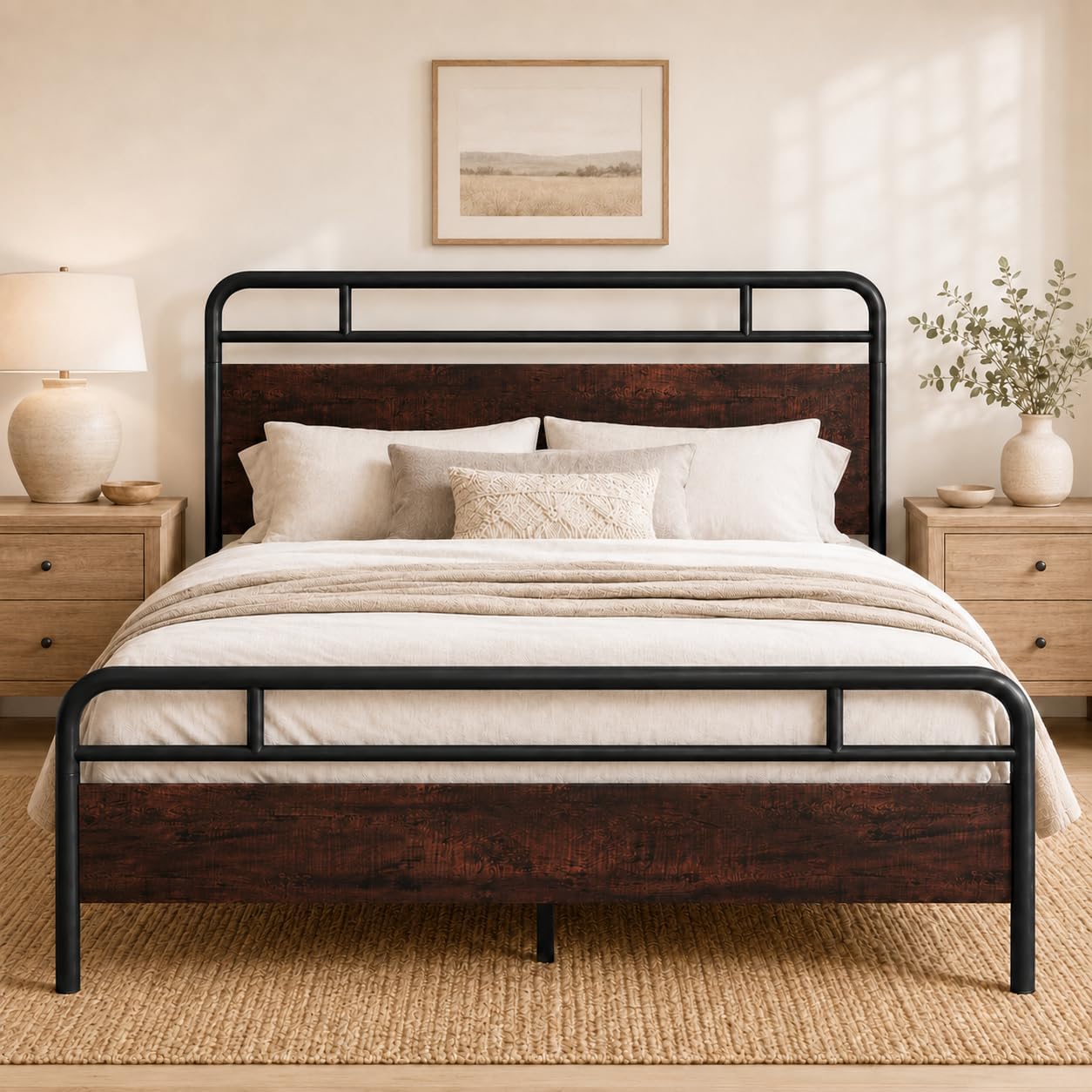 Allewie Queen Size Industrial Bed Frame with Wood Panels, Mahogany