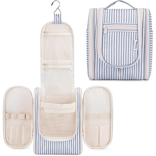 Narwey Small Striped Hanging Travel Toiletry Bag for Women, Travel Bag for Toiletries, Makeup Bag Organizer Cosmetic Bags Make Up Bags for Women (Greyish Blue Stripe)