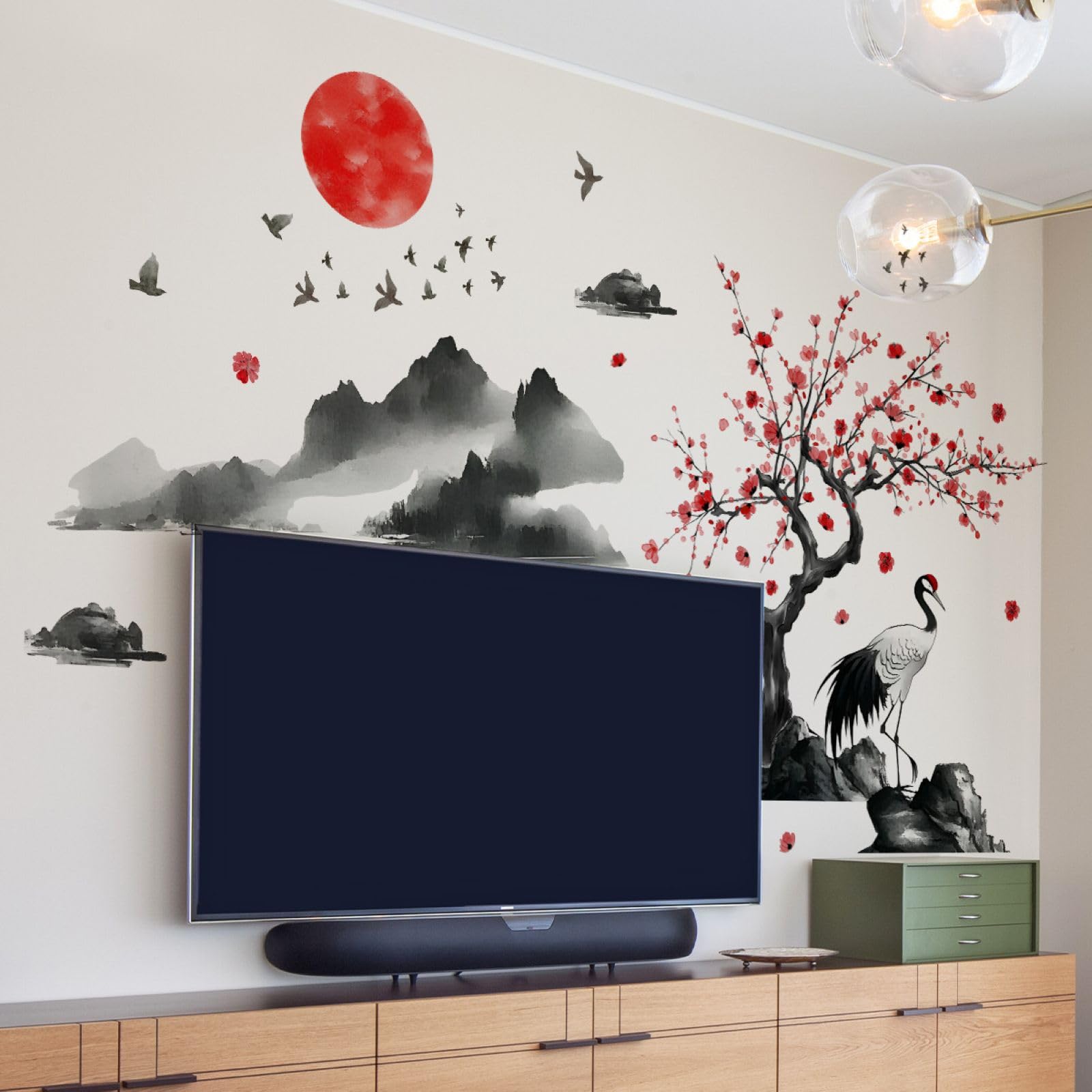 Pegatinas De Pared Estilo Japonés De Tinta - Diseño De Grullas Y Montañas, 2 Hojas De 30x90 Cm, Extraíbles