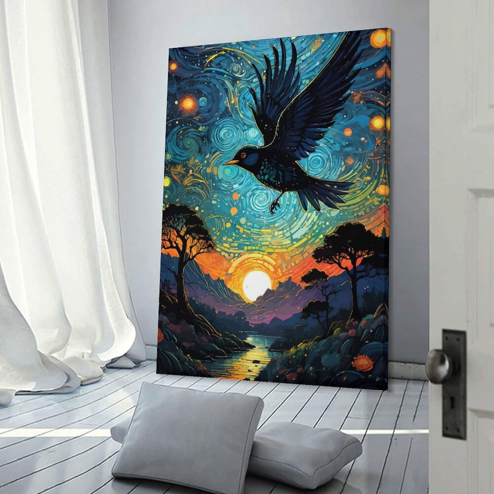 Junmoney Frame-Style-10 Starry Night Bird Decorative Wall Artwork 20X30inch(50X75cm), For Corridors, Hallways Or Apartment Entries, Home Artwork For First Impressions