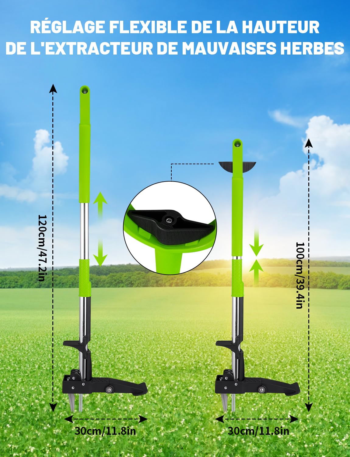 YISSVIC Désherbeur Manuel Arrache Mauvaise Herbe avec Pédale 4 Griffes Acier Inoxydable Long Manche Outil de Désherbage Solide pour Jardin Vert