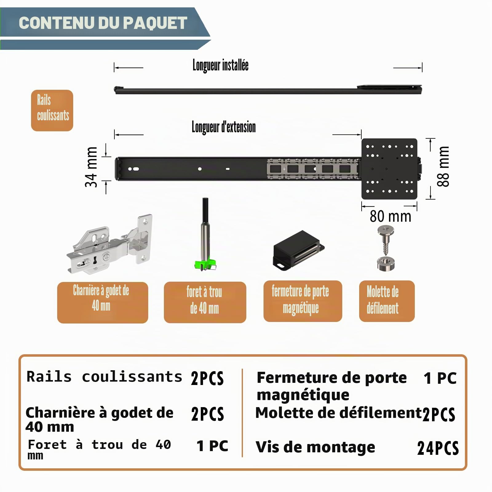 Kit de quincaillerie pour porte de poche d'armoire, 300 mm, 2 pièces, système de charnière de porte coulissante encastrée pour portes d'armoire et de placard, solution d'économie d'espace pour cuisine