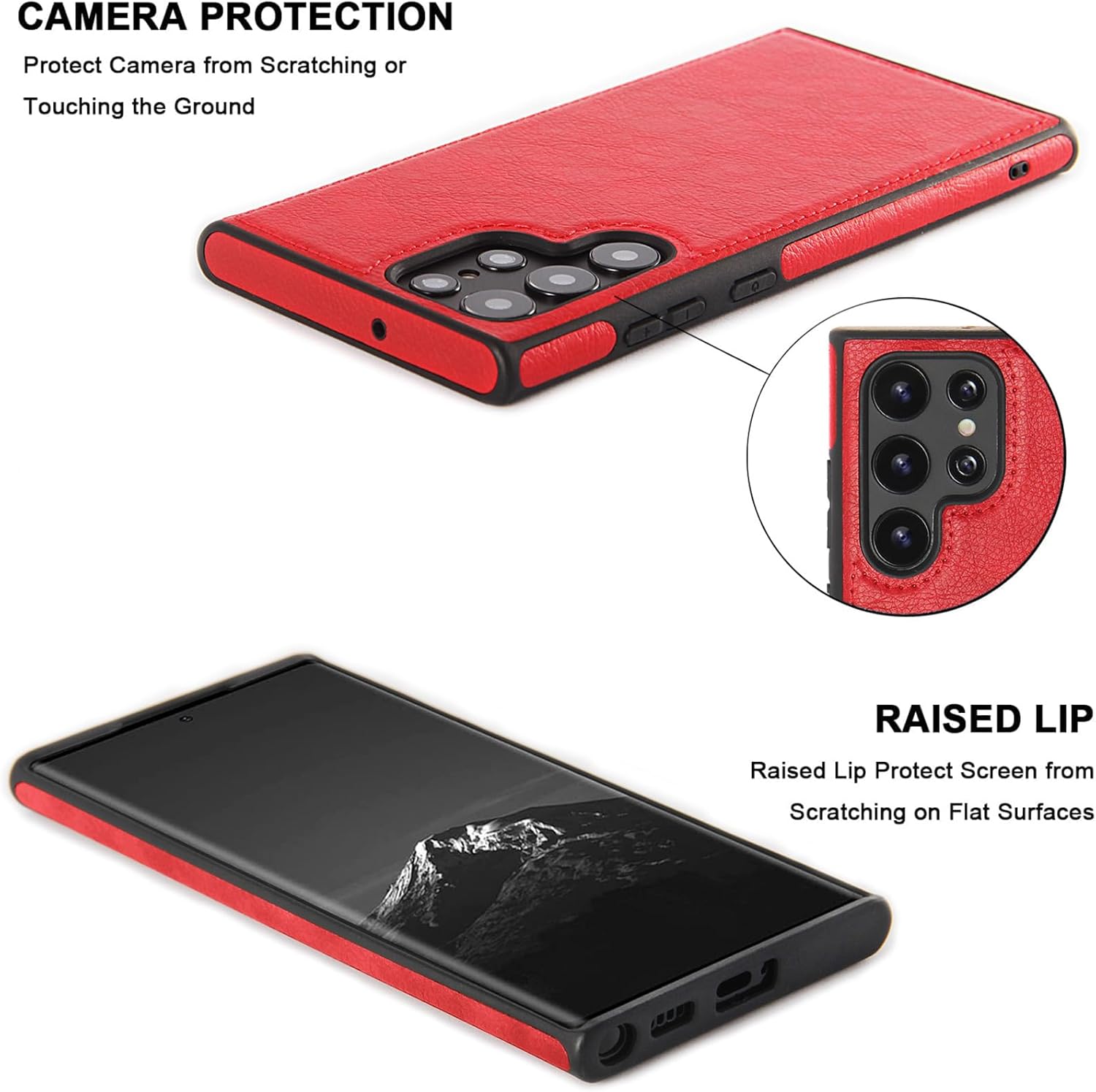 LXURY Leather Case for Samsung Galaxy S24 Ultra/S24 Plus/S24, Slim Business Cover with Lens Protection and Support Wireless Charging Leather Case,Red,S24