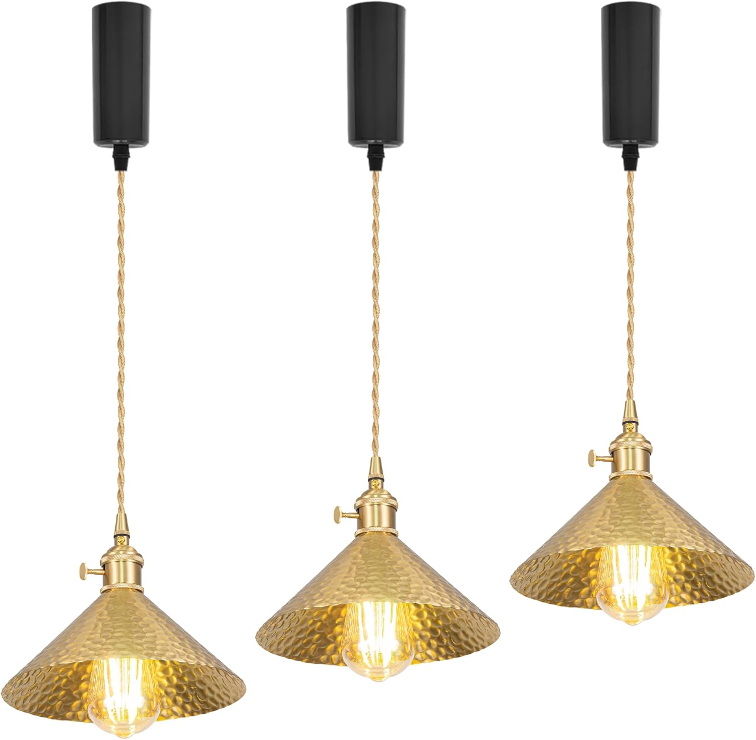 Adjustable Hanging Height Halo Track Lighting Pendants, 5 Ft Cord, H-Type Dimmable Retro Lighting Industrial Brass E26 Rotary Switch Socket Hammered Hand-Made Copper for Kitchen Island