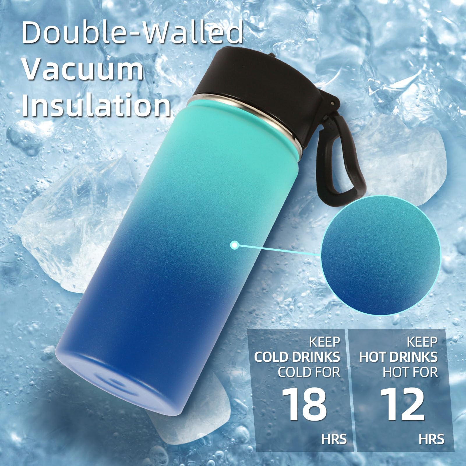Volhoply Kids Insulated Water Bottle with Straw,480ml Stainless Steel Cold Water Bottles for School,BPA-Free Metal Wide Mouth Cups with Handle,Reusable Double Wall Vacuum Sports Flask(Green Blue,1) - Image 3