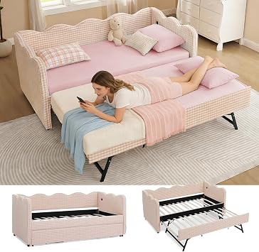 Gingham Daybed with Trundle Twin Size Sofa Bed, Linen Fabric Daybed Frame w/Roll-Out Trundle and USB Port,for Bedroom, Living Room, Guest Room, No Box Spring Needed, Adorable Wave Shaped Pink