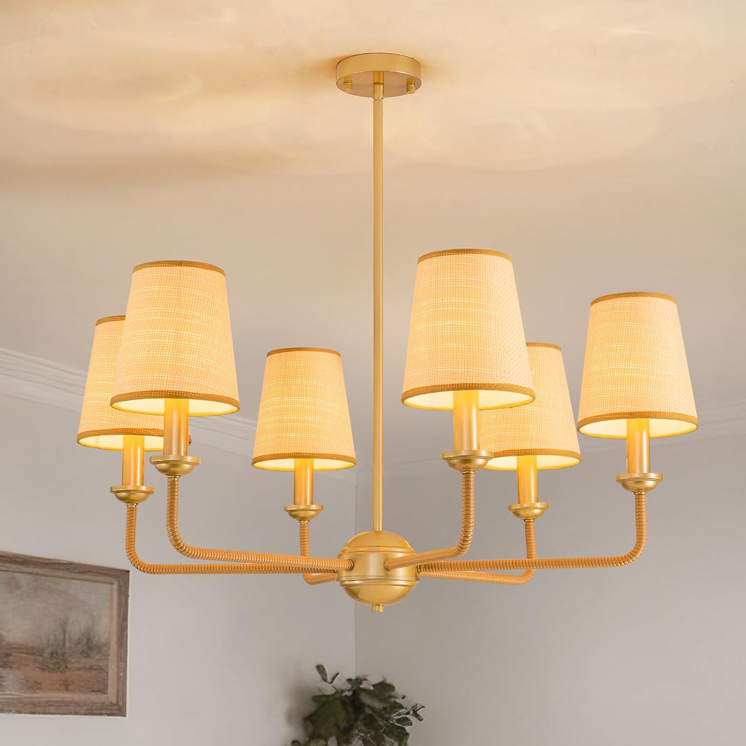39" Boho Industrial Rattan Chandelier, 6-Light Adjustable Pendant with Gold Frame Rustic Hanging Lighting for Large Kitchen Island, Dining & Living Room