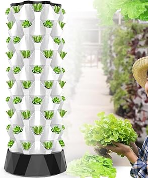Aeroponic Tower, Garden Hydroponic Growing System Vertical Tower, DIY Hydroponics Farm Equipment Aeroponic for Indoor Herbs and Vegetables with Hydration Pump, Seedbed and Net Pots,Black-48Pots