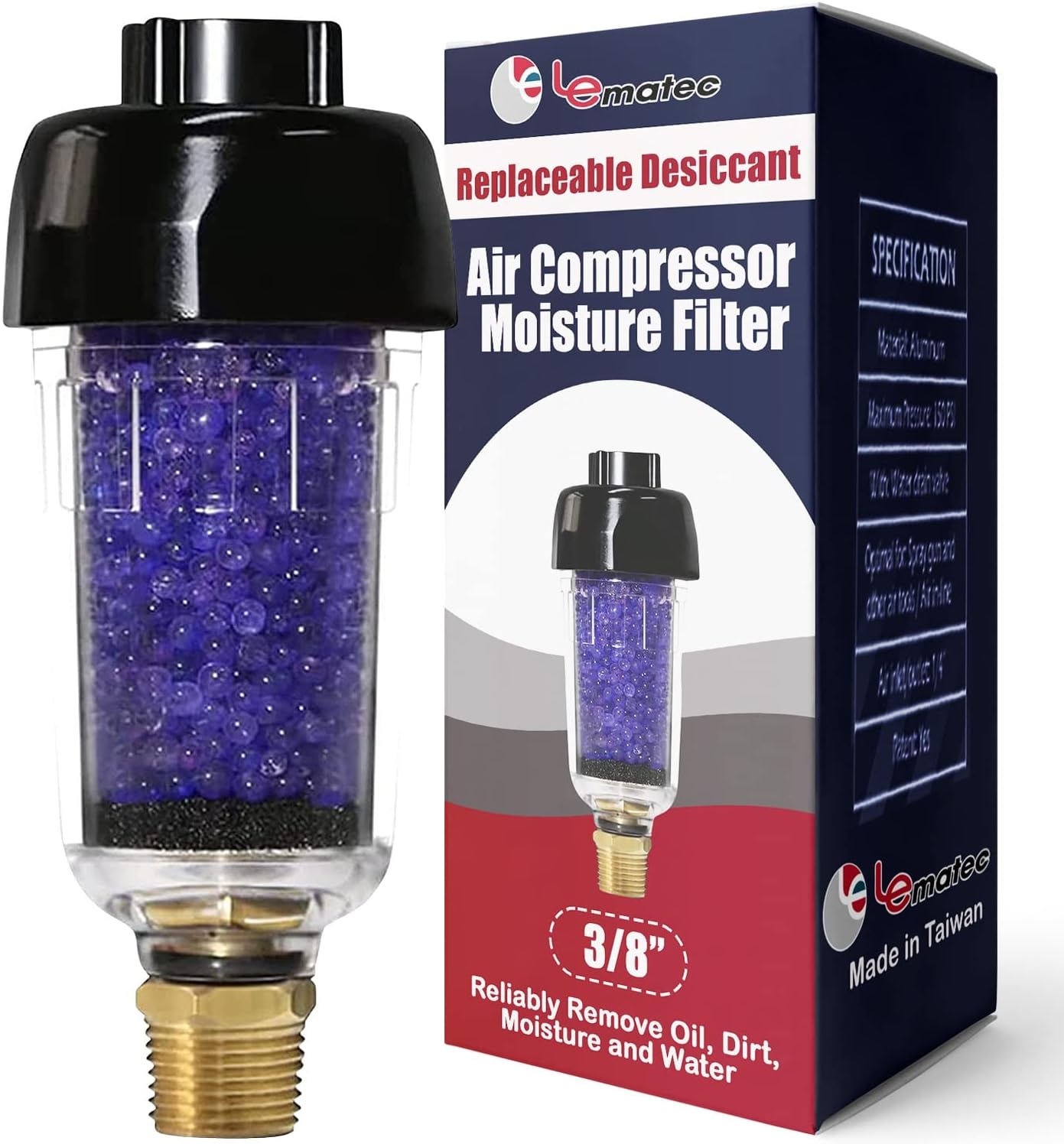 LE LEMATEC ZN312E-3 3/8-Inch Desiccant Air Filter with its packaging, showing the transparent body filled with blue desiccant beads.