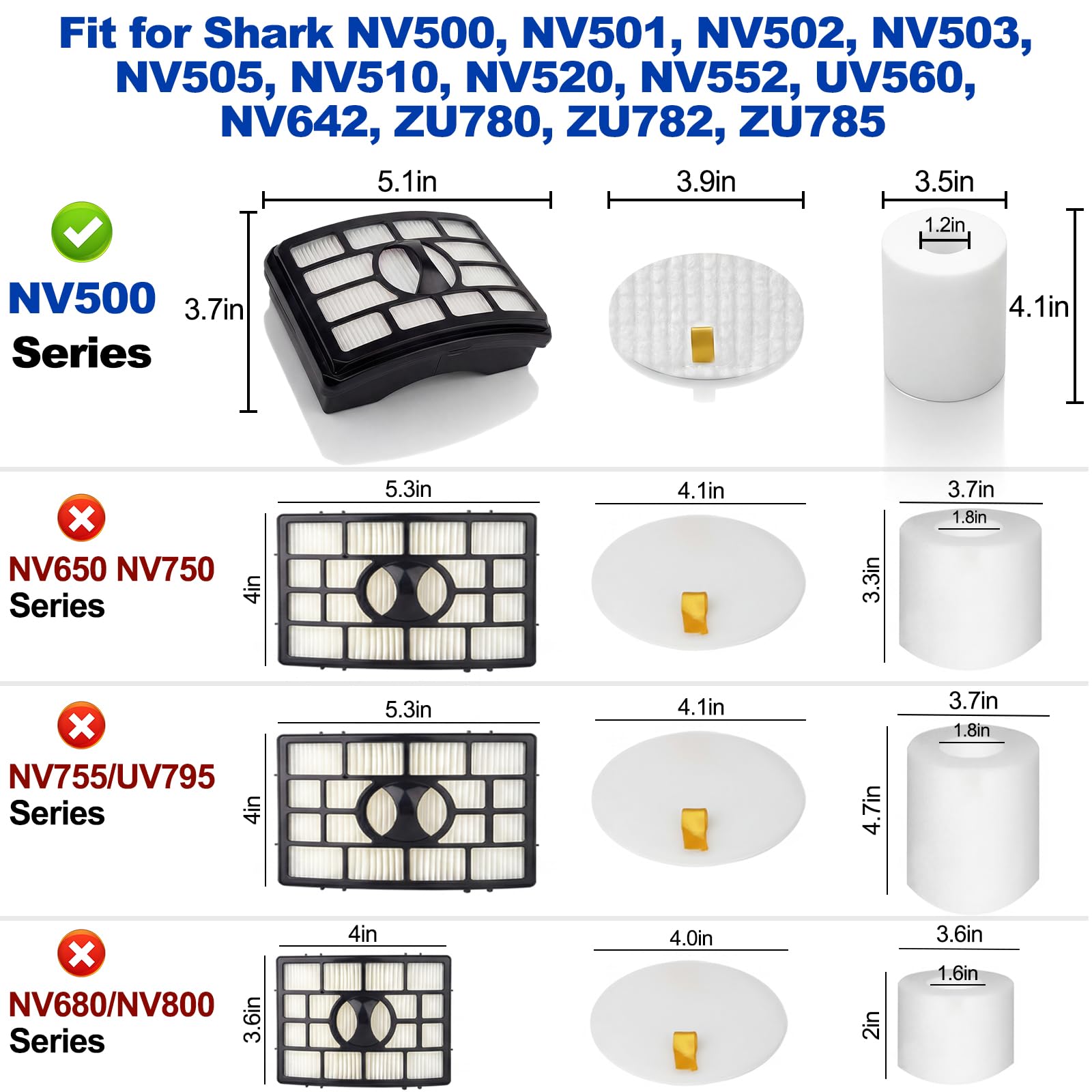 Photo 1 of 2 + 4 Pack Vacuum Filters Replacement Compatible for Shark Rotator Pro Lift-Away NV500, NV501, NV502, NV503, NV505, NV510, NV520, NV552, UV560, NV642, ZU780, ZU782, ZU785, Part Xff500 Xhf500