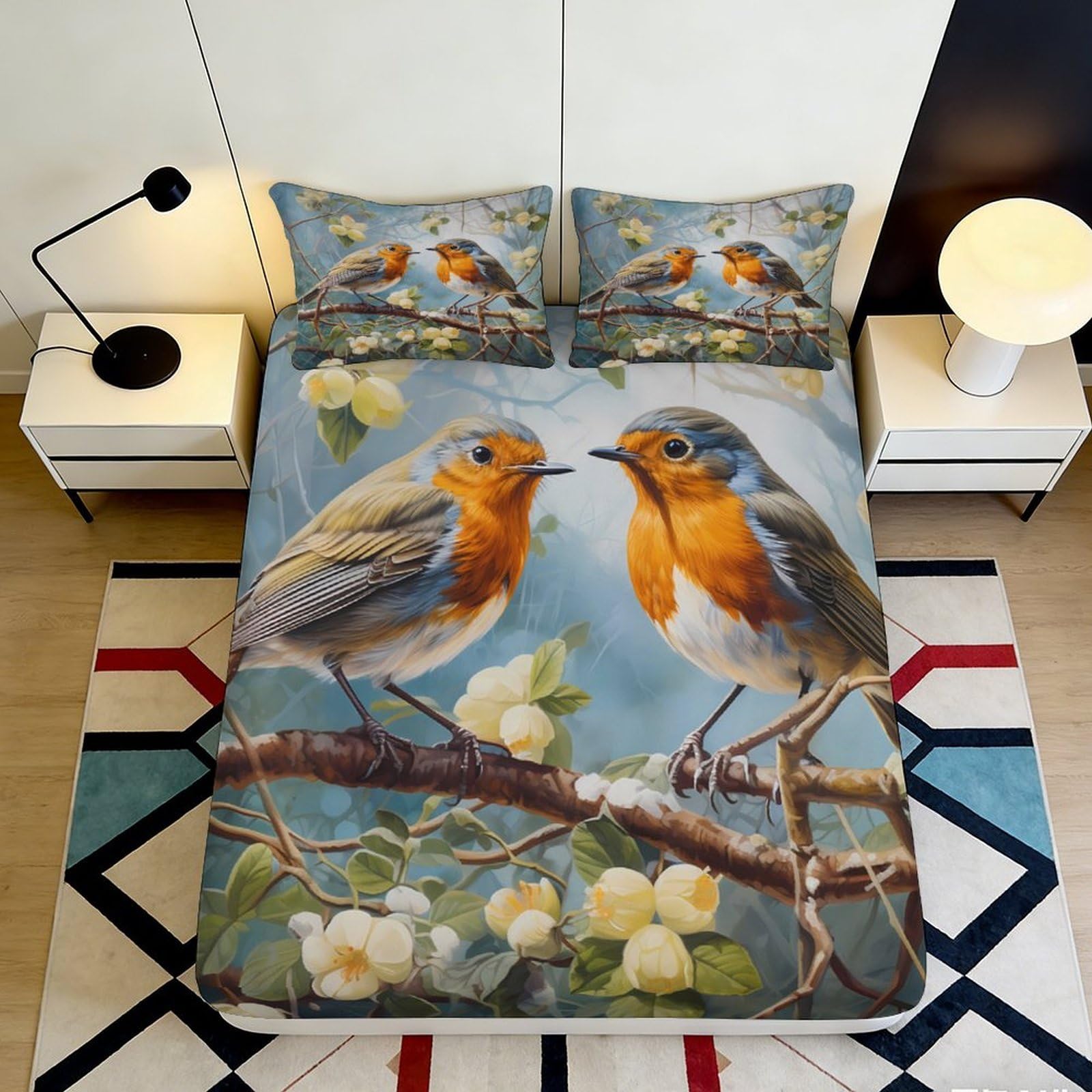 3D Printed Birds Fitted Sheet Microfiber Deep Pocket Bedroom Bedding Birds Mattress Fitted Cover for Adults Teens 180x200x25cm