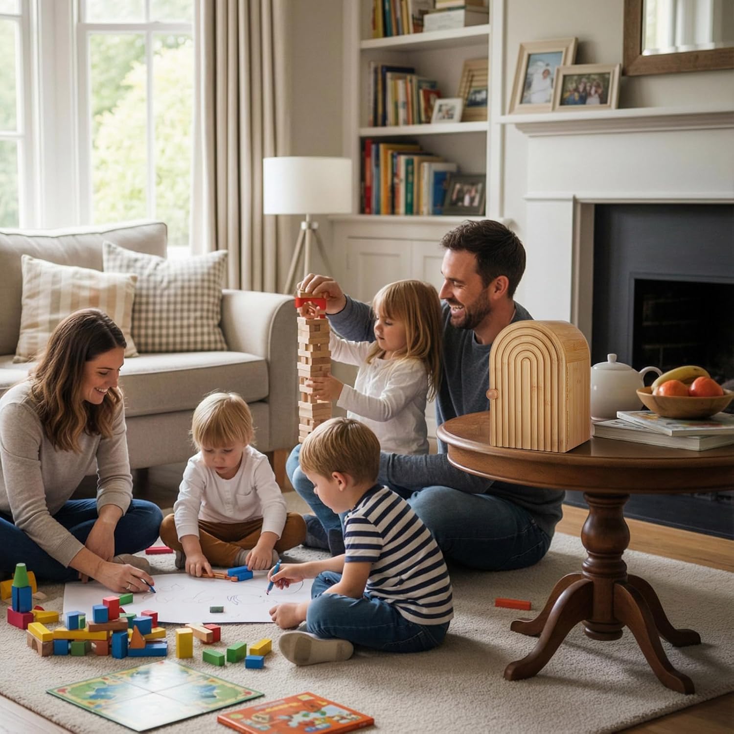 Phone Box 10.2" x 6.7" x 5.9" for Family Time Bamboo Jail 3 Sections Hold 6 Phones with Charging Holes Wood Holder Self Discipline Box Help Kid Adult Focus Back Avoid Addiction(Door-Shaped)