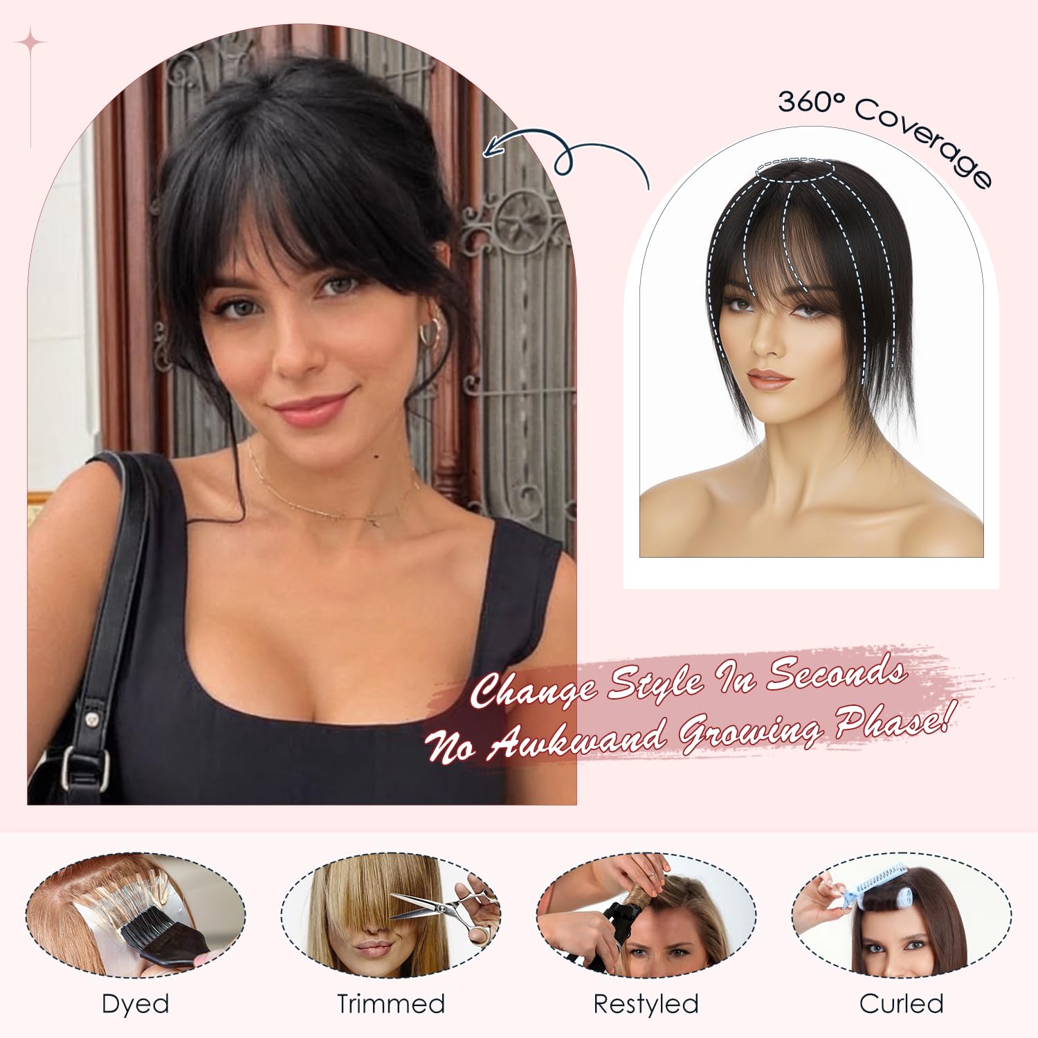 Human Hair Topper with Bangs for Women, 360° Cover Clip in Fringe Bangs Hair Toppers Hair Piece Natural Black-3.15x4.33 Hand-tied Base (Natural Black)