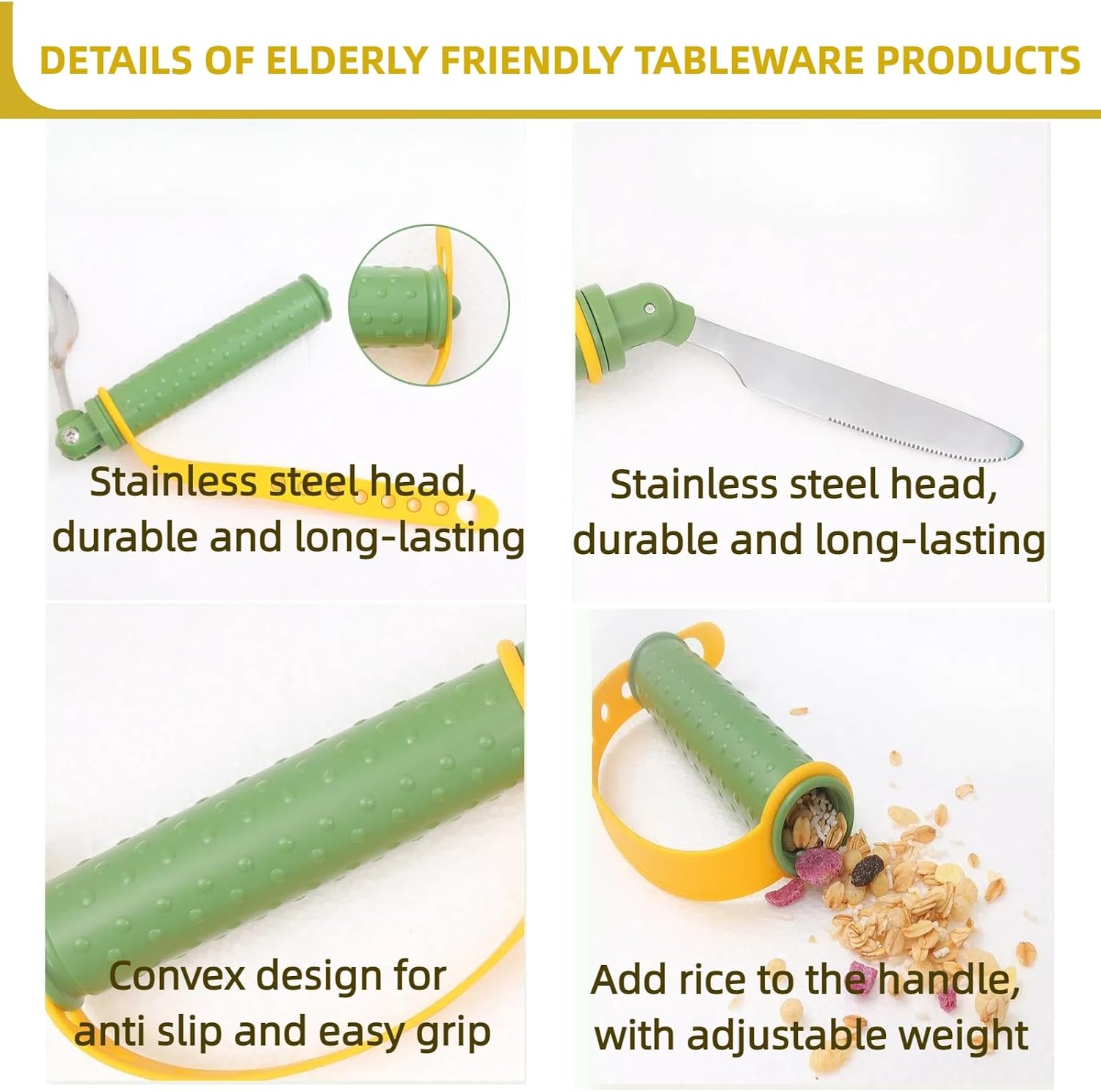 Dietary Aid Tableware,Weighted Handle with Straps,Relieves Hand Tremors,Suitable for the Elderly,Arthritis Stroke and Parkinson's Patients,(Knife,Fork and Spoon Four-piece Set),Green