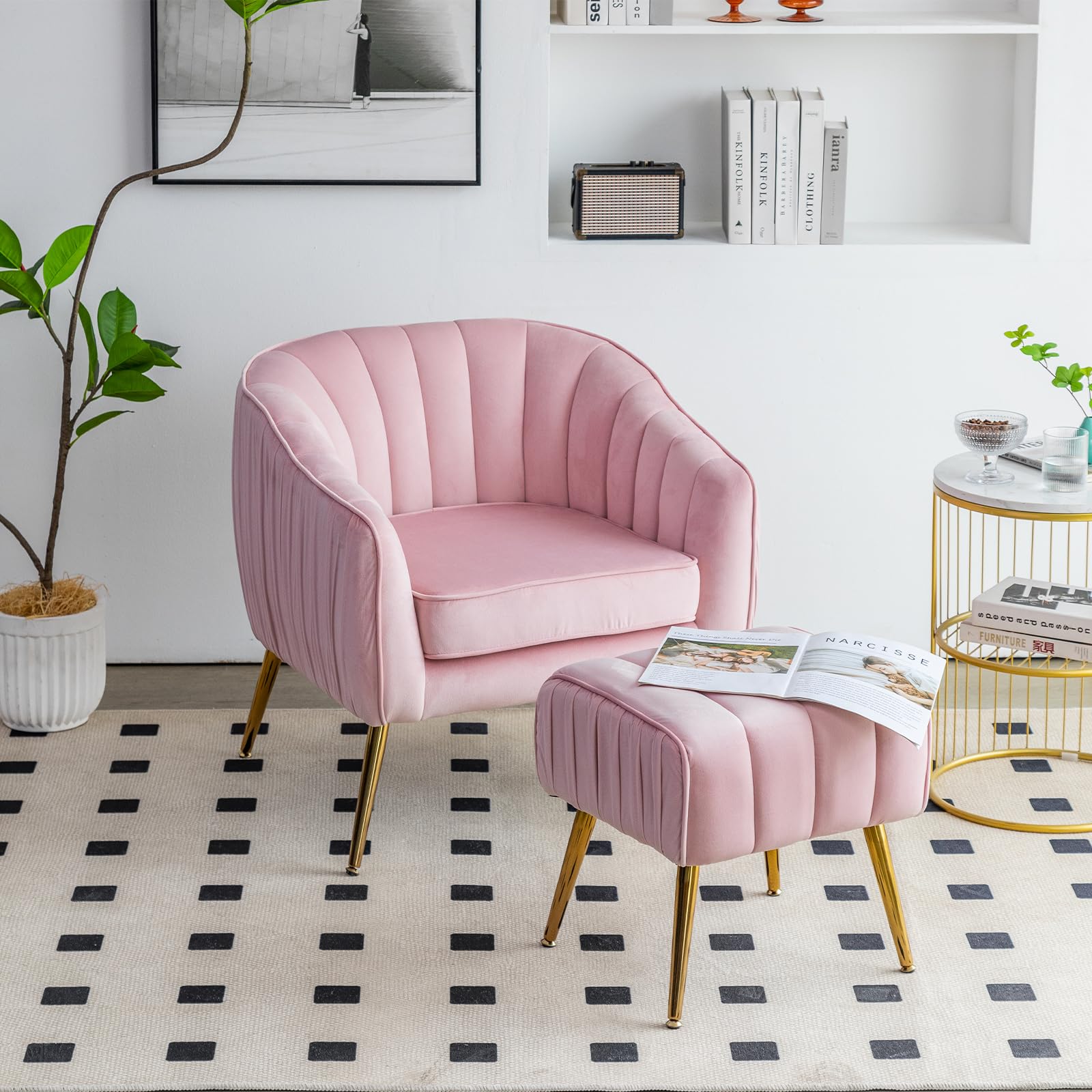 JOYBASE Accent Chair with Ottoman, Mid-Century Modern chair and ottoman set, Tufted Barrel Club Chair, Armchair with Golden Metal Legs, Reading Chair for Living Room Bedroom (Pink, Velvet)