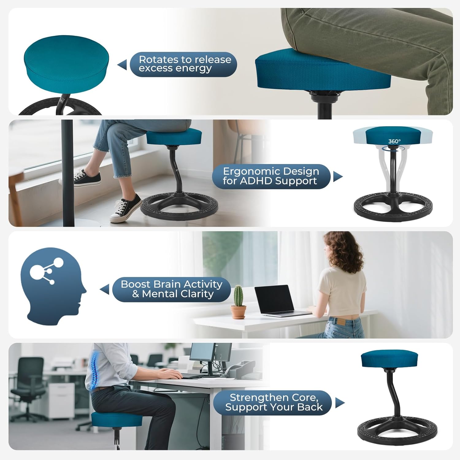 Fitness Seat, ADHD Chair Stool, Stability, Balance, Yoga, Ergonomic Health Stool with Non-Slip Base and Washable Seat Cover - Black (Blue, 19″)