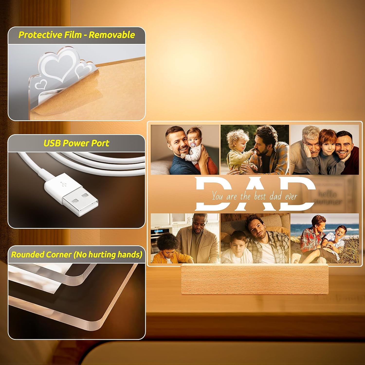 Personalized Gifts for Dad from Daughter Son, Custom Picture Frames with Photo, Customized Photo Frame with Night Light, Personalized Dad Birthday Gifts for Dad Baby Kids Family - Image 5