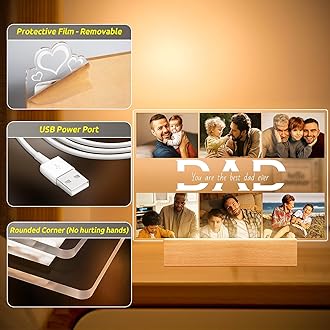 Personalised Birthday Gifts for Dad from Daughter and Son, Customised Photo Frame with Photos, Customised Picture Frames with Night Light, Personalised Gifts for Dad Kids Baby