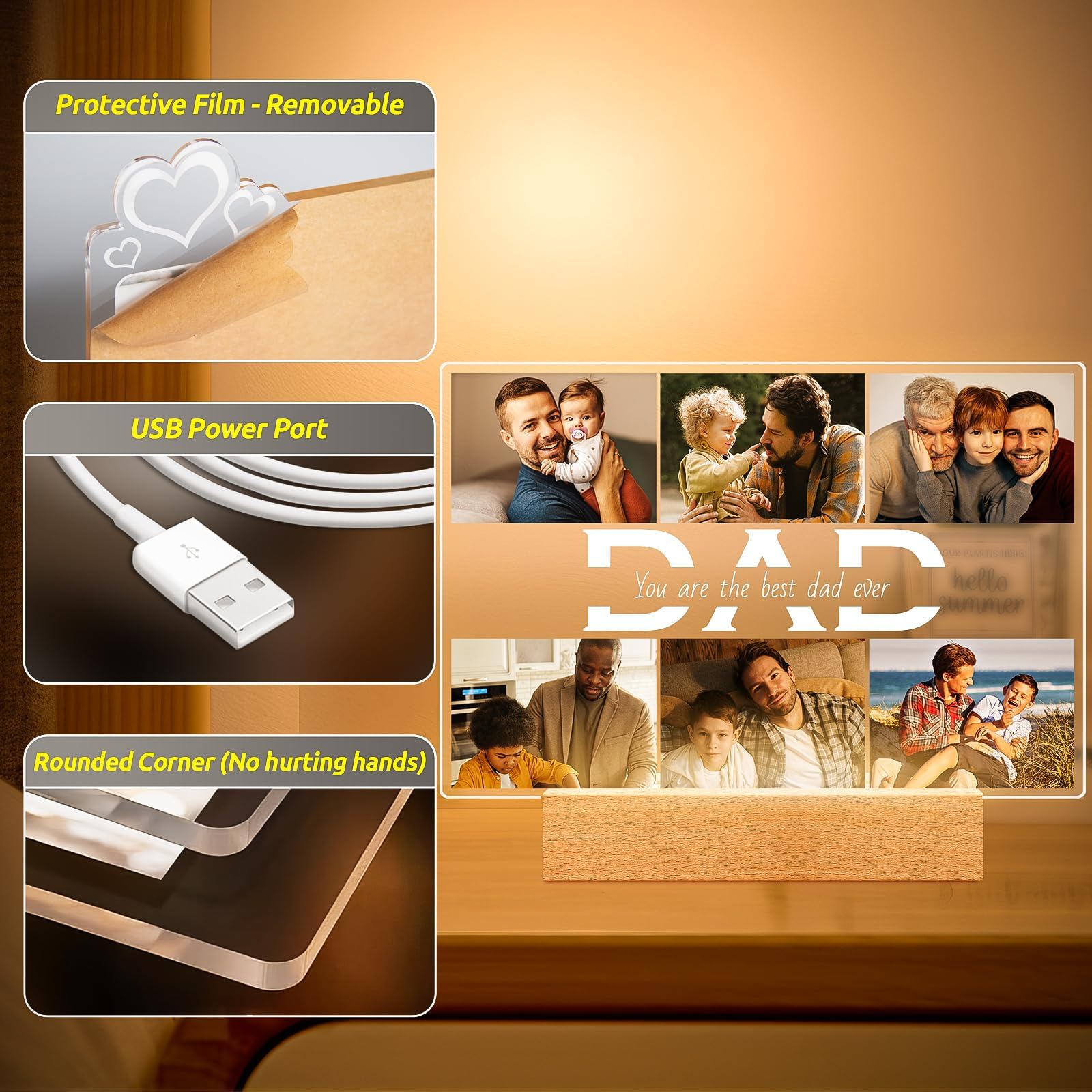 Personalised Birthday Gifts for Dad from Daughter and Son, Customised Photo Frame with Photos, Customised Picture Frames with Night Light, Personalised Gifts for Dad Kids Baby