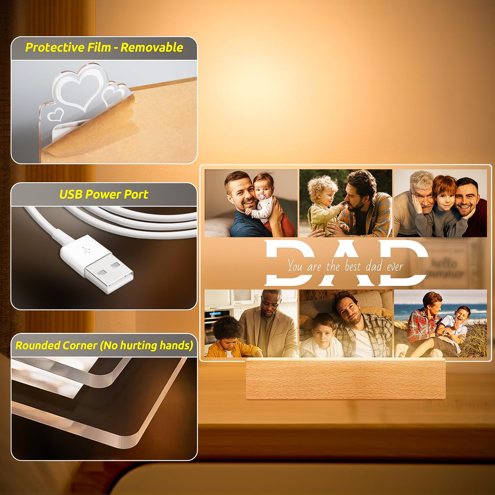 Personalised Birthday Gifts for Dad from Daughter and Son, Customised Photo Frame with Photos, Customised Picture Frames with Night Light, Personalised Gifts for Dad Kids Baby