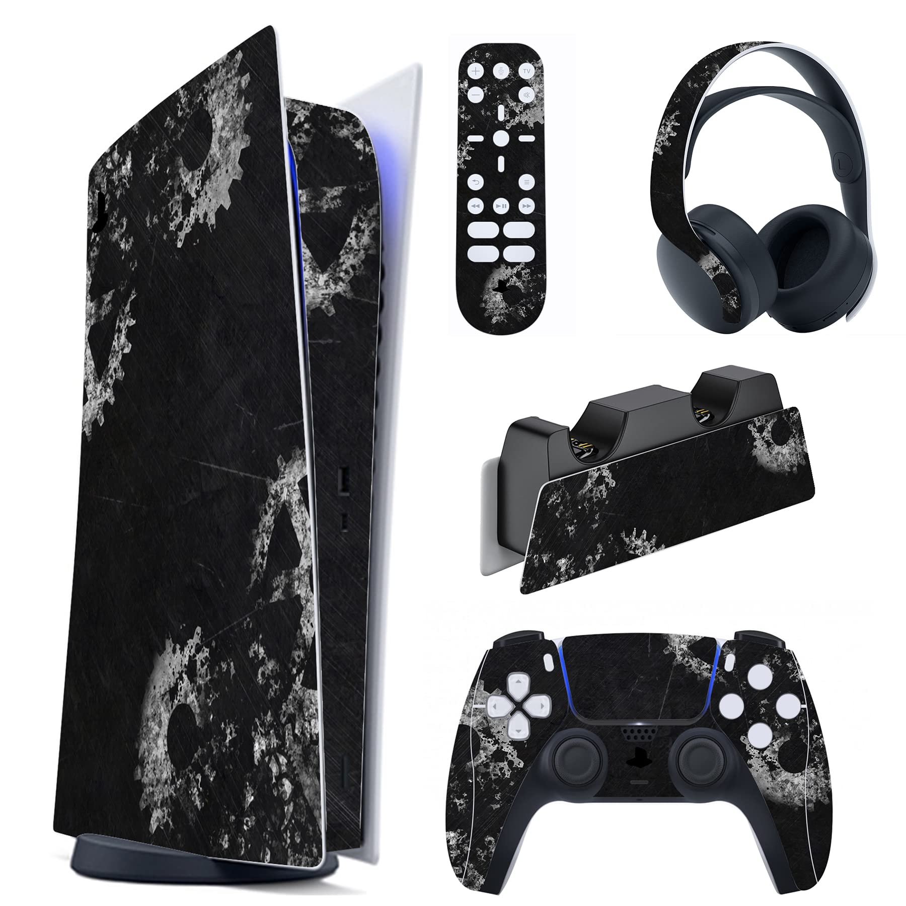 playvital Gears & Scratches Full Set Skin Decal for ps5 Console Digital Edition, Sticker Vinyl Decal Cover for ps5 Controller & Charging Station & Headset & Media Remote