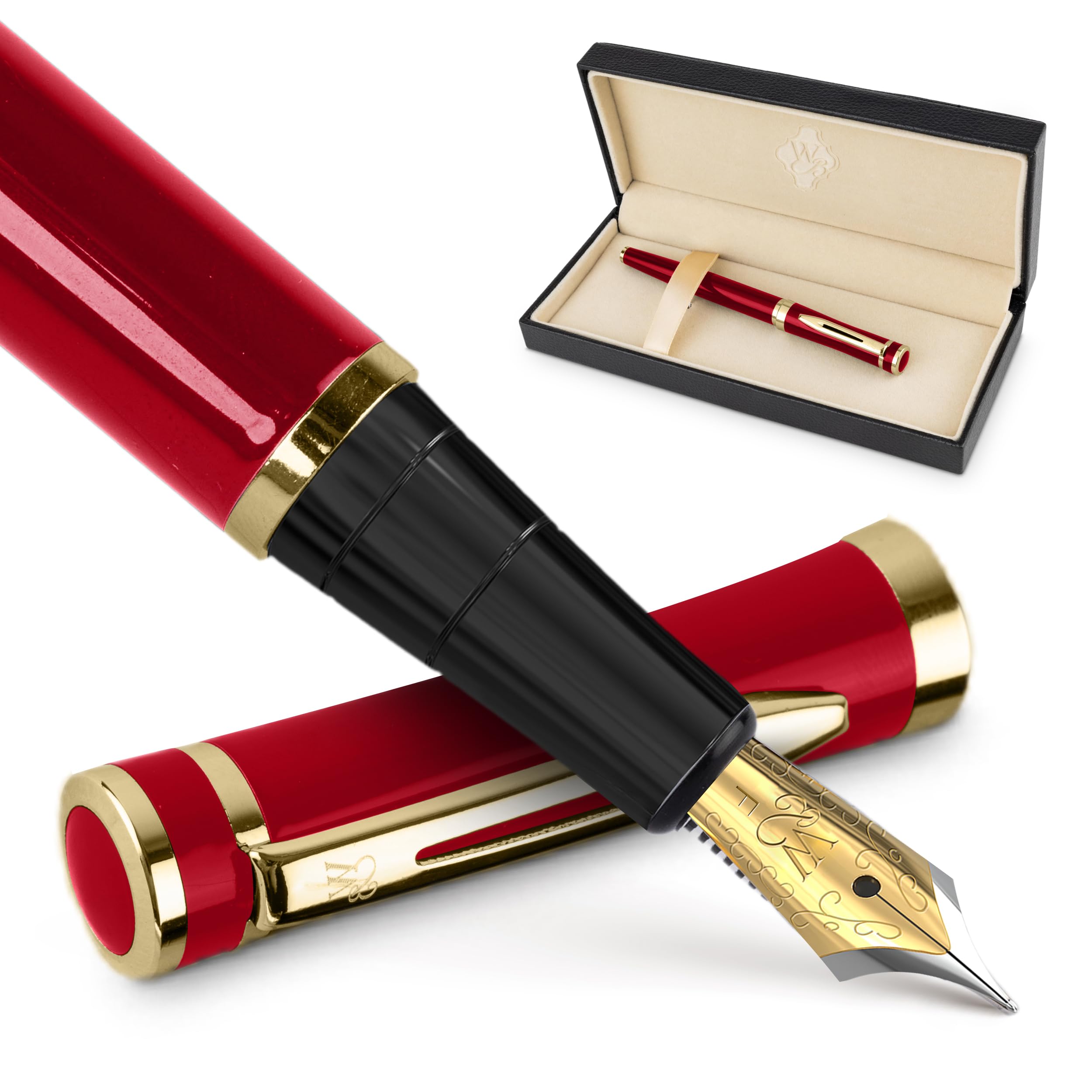 Wordsworth & BlackFountain Pen Set, 18K Gilded Fine Nib, Includes 24 Pack Ink Cartridges, Ink Refill Converter & Gift Box, Gold Finish, Calligraphy, [Crimson Red], Perfect for Men & Women